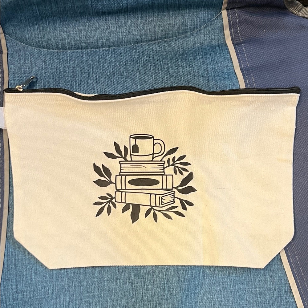 Canvas Pouch with Book and Mug Design
